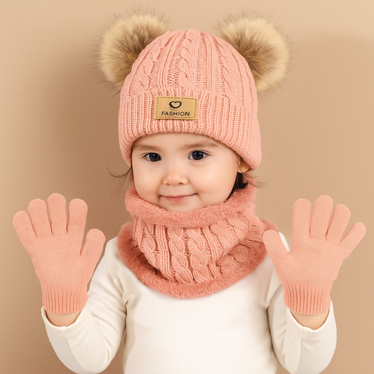 Toddler Kids Pom Pom Decor Beanie & Infinity Scarf & Gloves Boys Girls Winter Warm Suit Seasoneva