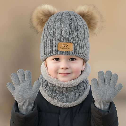 Toddler Kids Pom Pom Decor Beanie & Infinity Scarf & Gloves Boys Girls Winter Warm Suit Seasoneva