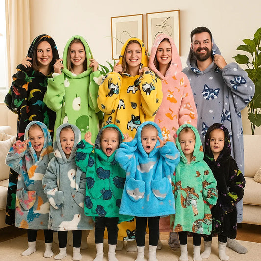 Oversize Winter Sherpa Blanket Plush Polar Fleece Family Matching Hoodie Girl Sweatshirt Homewear Avocado Animal Print Outwear Seasoneva